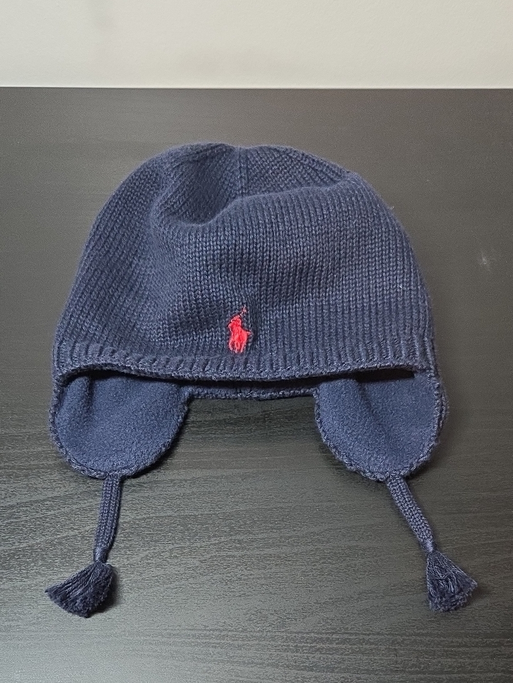 Ralph Lauren Navy Earflap Knit Hat with Red Pony